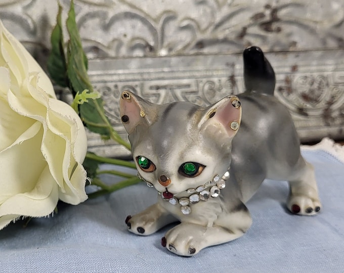 Rare Mid Century Cat Kitschy Tchotchke with Rhinestone Accents
