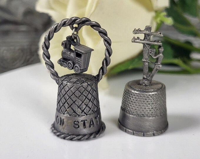 Vtg Thimbles - Choose from Union Station Thimble with Train or Pewter Lineman Thimble