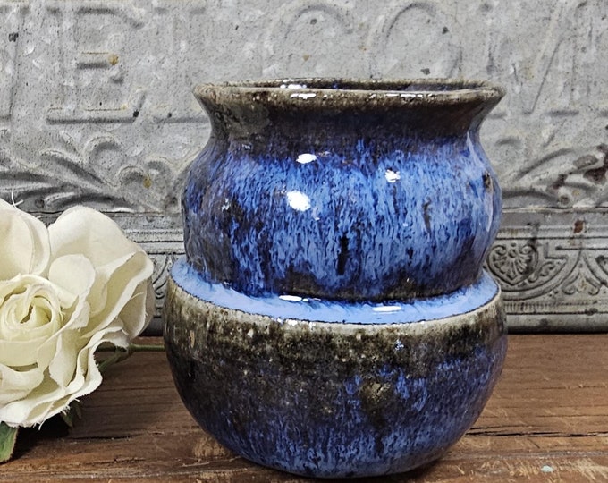 1977 Studio Art Pottery Blue and Brown Vase - Signed H. Woody