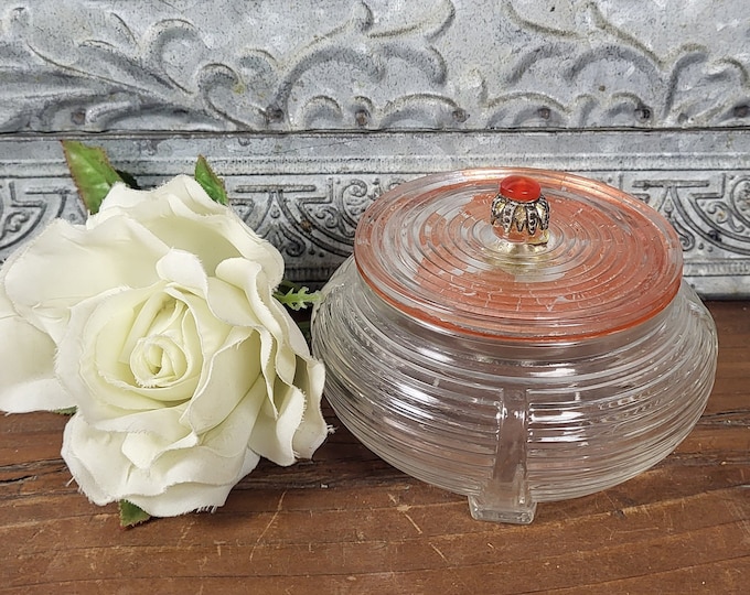 Vintage Art Deco Ribbed Round Powder Jar - Red Lid With Red Gem