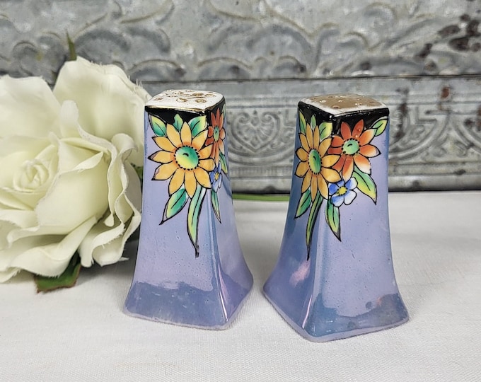 Vintage Japan Lusterware Salt and Pepper Shakers - Blue, Gold and Black with Orange flowers