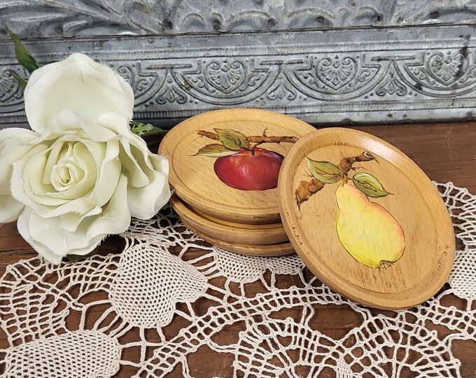 Set of 4 Hand Painted MCM Wooden Coasters