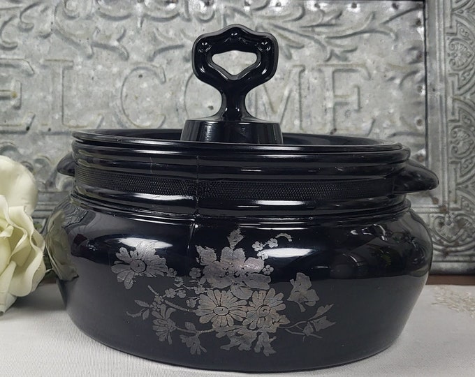 1930s LE Smith Black Amethyst Bean Pot with Silver Floral Overlay | Elegant Glass