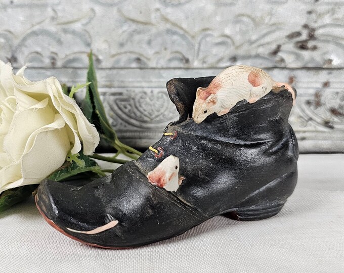 Unique 1970s Old Black Boot with Playful Mice | Made in Japan Trinket Holder