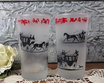1960s  Libbey Horse and Buggy Frosted Glasses - Set of 2
