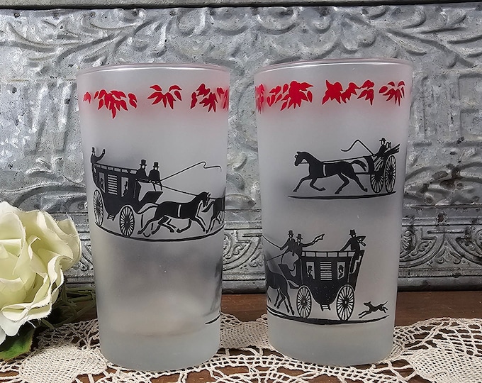 1960s  Libbey Horse and Buggy Frosted Glasses - Set of 2