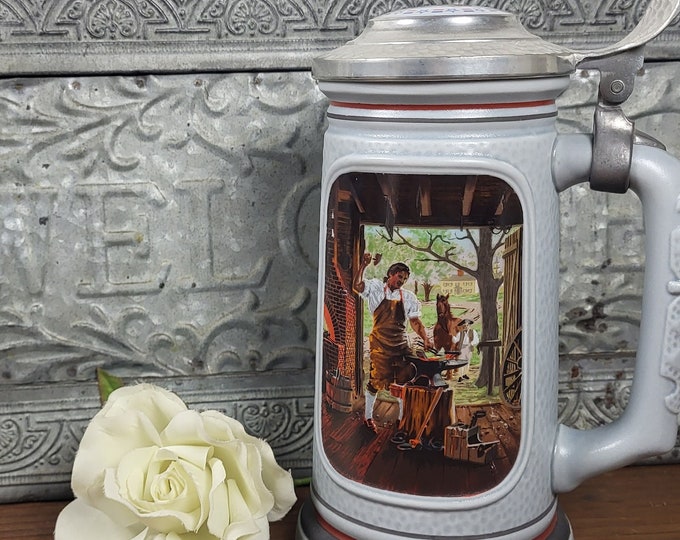 1985 The Building of American - The Blacksmith Avon Lidded Beer Stein - Authentic Numbered