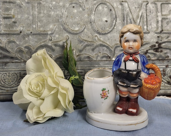 Antique Boy in Lederhosen Next to Toothpick Holder Figurine - Made in Occupied Japan