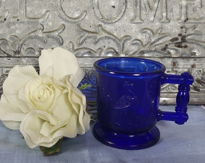 Vintage Cobalt Blue Glass Small Child-Size Handled Cup - Degenhart Glass Co.