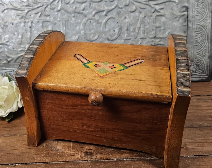 MCM Rustic Wooden Stash Box for Jewelry or Treasures with Native American Design