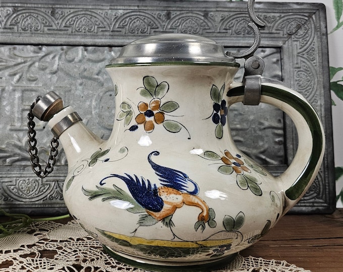 MCM Capodimonte Wine Jug or Teapot with Pewter Cover and the Cork - Made In Italy