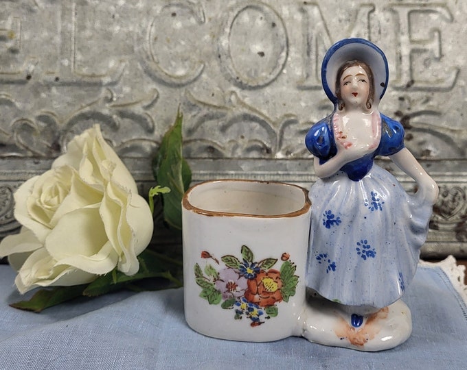 Antique Colonial Woman in Blue Next to Toothpick Holder Figurine - Made in Occupied Japan