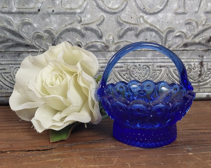 Vtg Miniature Glass Basket - Cobalt Blue