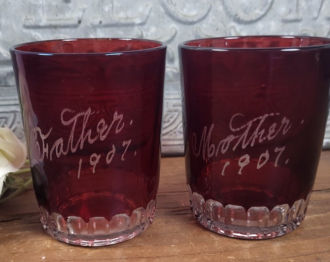 EAPG Souvenir Glasses - Set of 2 - Ruby Flash Ruby Stain Blocked Thumbprint, 1907
