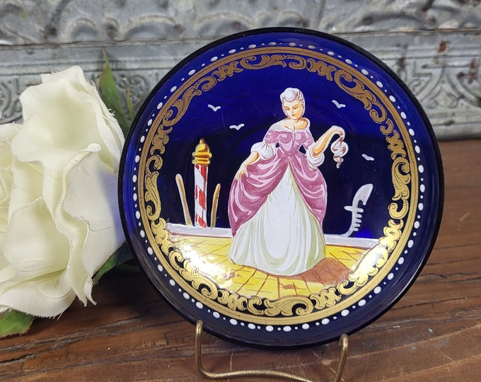 Vtg Miniature Cobalt Blue Decorative Plate with Painted Venetian Lady