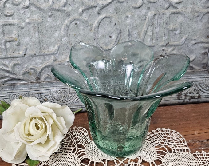 Vintage Green Glass Tulip Petal Shaped Vase - Votive Holder
