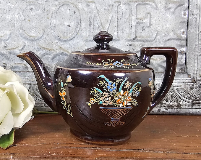 Vintage Moriage Redware Teapot: Brown Glaze with Gold Gilt, Made in Japan
