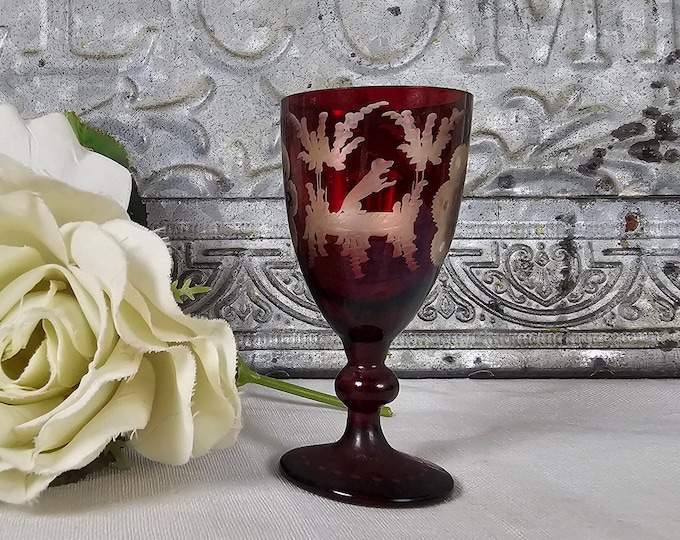 Rare Ruby Red Cut to Clear Cordial Glass: Bohemian Czech Dog Design