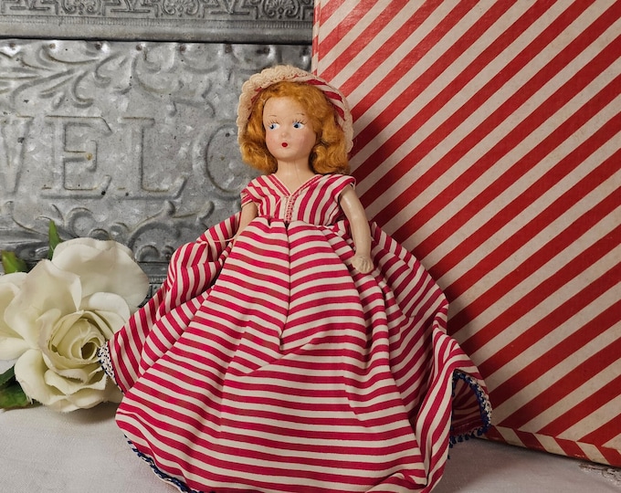 Vintage 1950s Hard Plastic Doll: Red & White Striped Dress, Halloween Decor