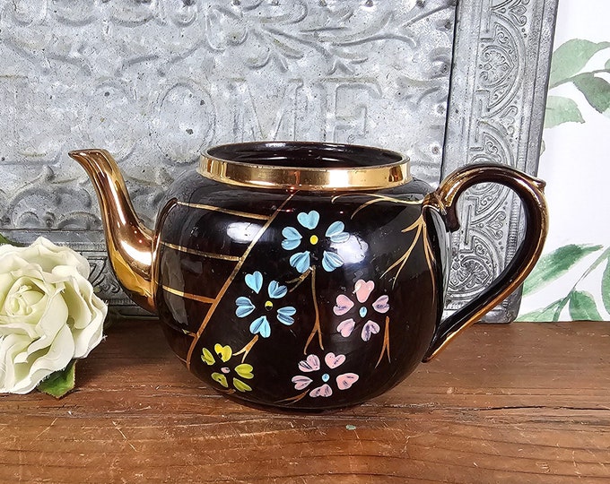 Vintage Gibson's England Teapot: Tortoise Shell Glaze, Enameled Flowers (No Lid)