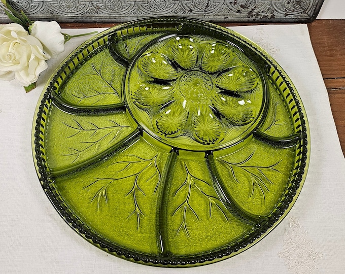 MCM 13" Round Egg and Relish Dish - Pebble Leaf Green (Avocado) by Indiana Glass
