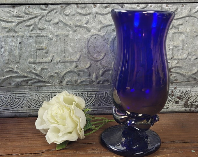 Vtg Irridescent Hand Blown Cobalt Blue Art Glass