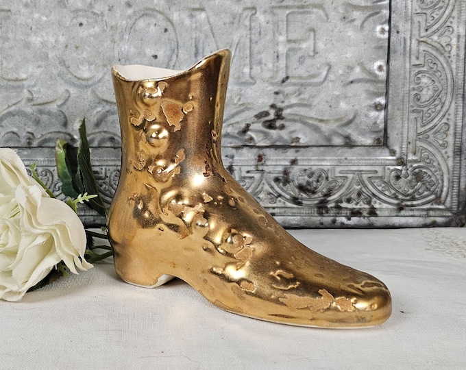 Vintage American Bisque Weeping Gold Victorian Button Up Boot - 1960s Porcelain Accent Piece