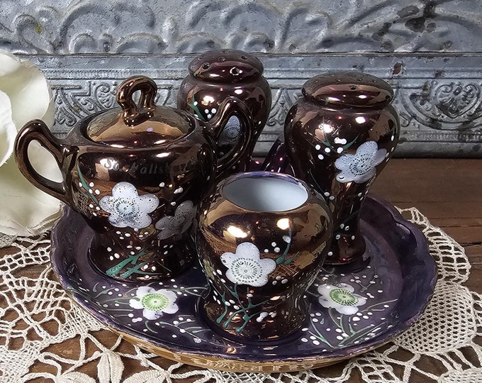 1940s Japanese Lusterware Miniature Condiment Set: Moriage Cherry Blossoms, Souvenir So. Fallsburg N.Y.