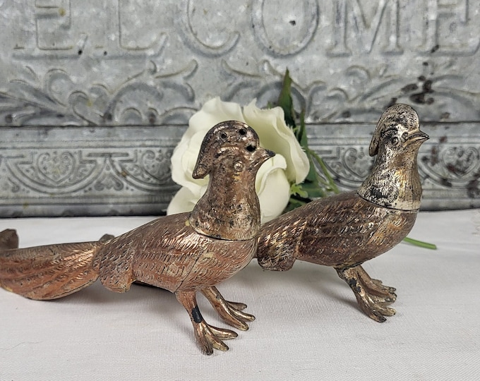 Pair of Vintage MCM Gold-toned Pheasant Salt and Pepper Shakers | Retro Kitschy Kitchen