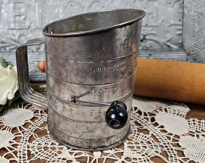 Vintage Bromwell’s 3-Cup Flour Sifter with Black Wooden Handle