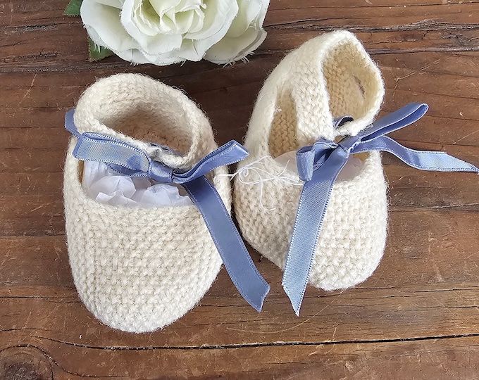 Vintage Hand Made Cream Knitted Baby Slippers - Retro Nursery Decor