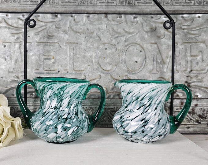 Hand Blown Green & White Glass Creamer and Sugar Bowl Set