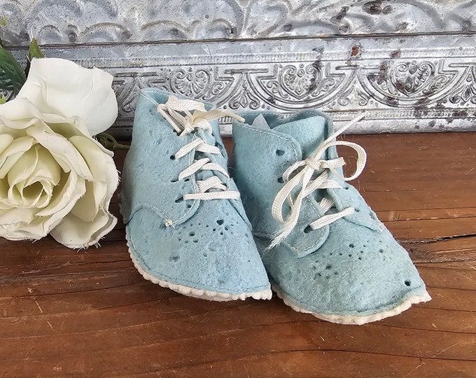 Vintage MCM Handmade Baby Blue and White Felt Baby Booties - Retro Nursery Decor