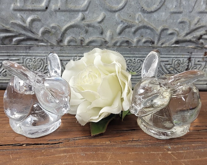 Pair of Vintage Clear Glass Rabbits Bunny Small Taper Candle Holders