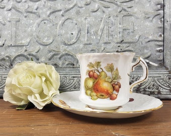 Vtg Bone China Teacup and Saucer - Fruit Motifs