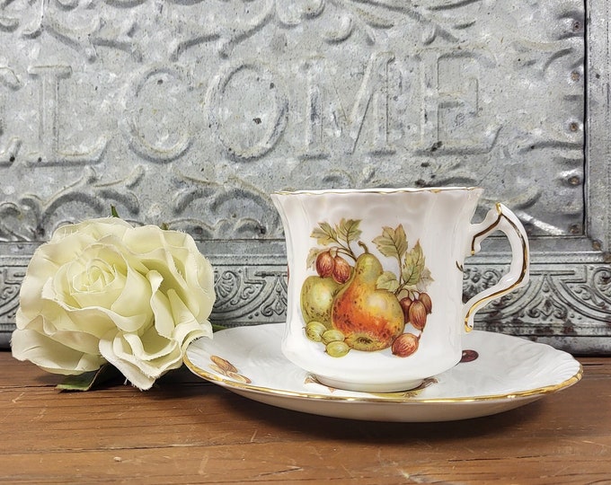Vtg Bone China Teacup and Saucer - Fruit Motifs