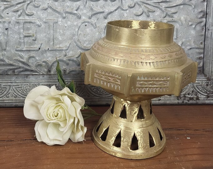 Vintage Asian Style Brass Incense Holder with Pedestal - Octagon Shape