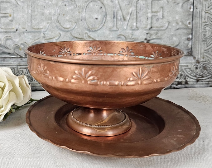 Vintage Copper Bowl and Plate Set | Shabby Chic Rustic Home Accents