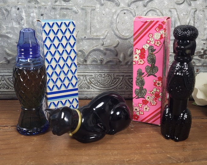 Vintage Avon Decanters: Crystalpoint Salt Shaker, Black Cat, Bon Bon Poodle