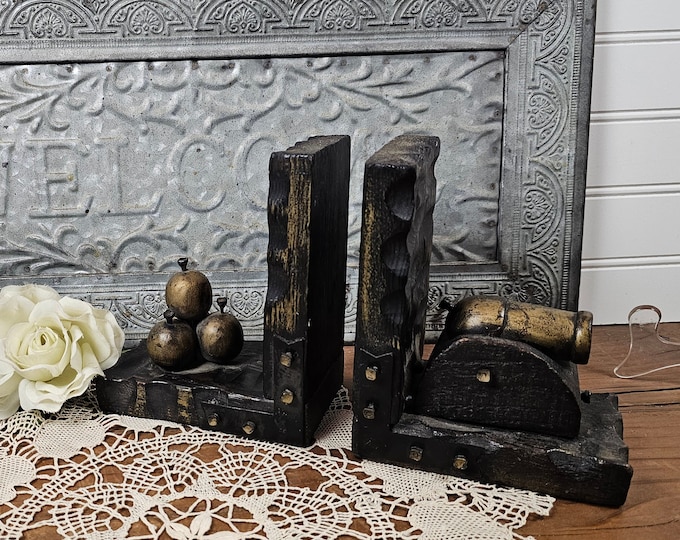 MCM 1970s Modern Spanish Colonial Revival Wooden Cannon and Cannon Ball Bookends