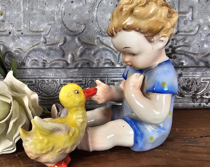 1930s Little Boy with Duckling Figurine - Made in Japan