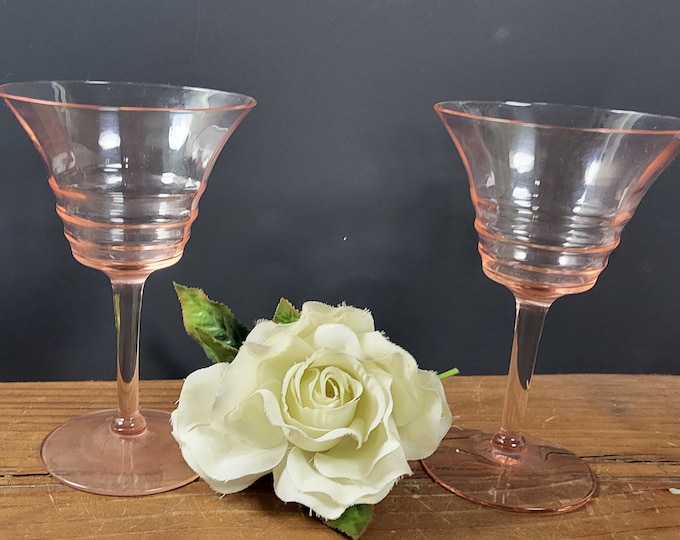 Set of 2 Depression Glass 3077 Pink Rippled Champagne/Tall Sherbet Glasses
