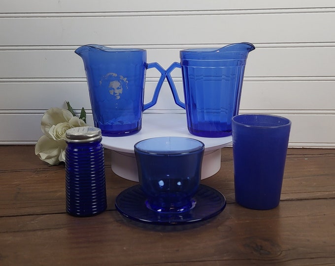 Vintage Cobalt Blue Depression Glass - Shirley Temple Creamer, Fused Cup & Saucer, OR Salt Shaker