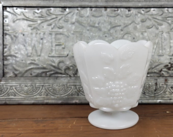 Vintage Milk Glass Vase URN Candy Dish with embossed Grape Clusters and Leaves