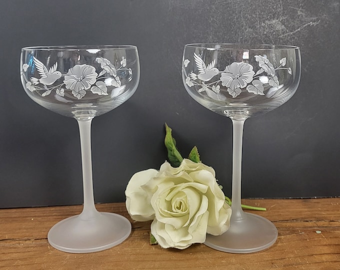 Two Hummingbird Crystal Champagne Goblets - Vintage Avon