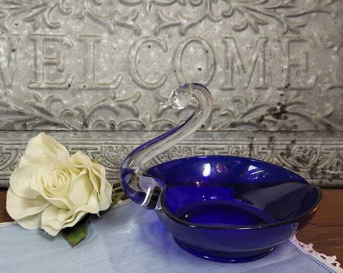 1970s Cobalt Blue Art Glass Swan Trinket Dish Heart Shaped