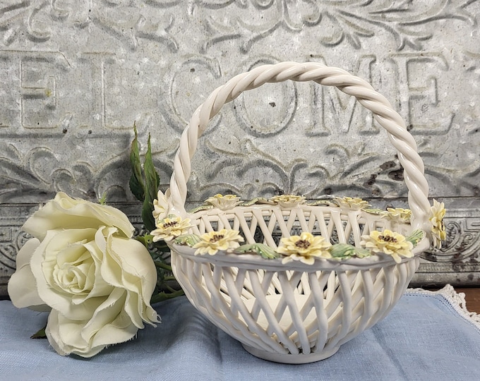Vintage Acer Gubbio Woven Porcelain Basket with Hand Applied Yellow Flowers - Signed Porcelain