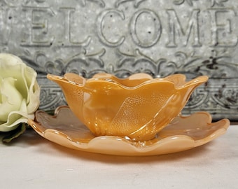 1950s MCM Peach Lustre Fire King Lotus Flower Dessert Bowl and Underplate