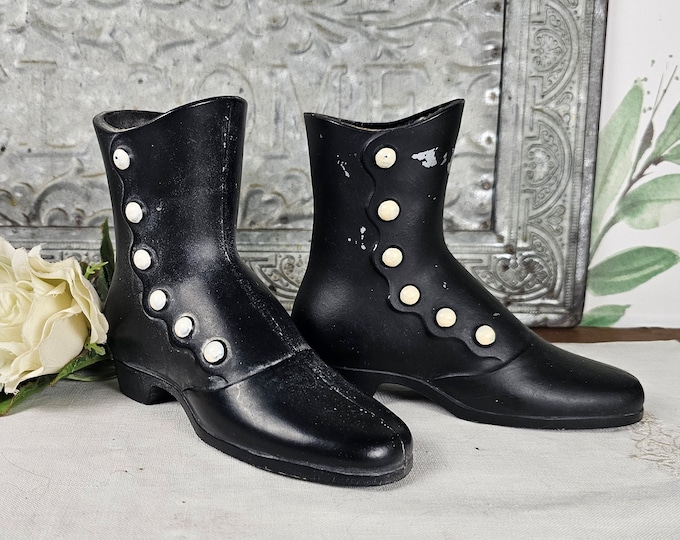 Vintage Victorian Style Black Metal Boot Planters Set - Shabby Chic Home Decor