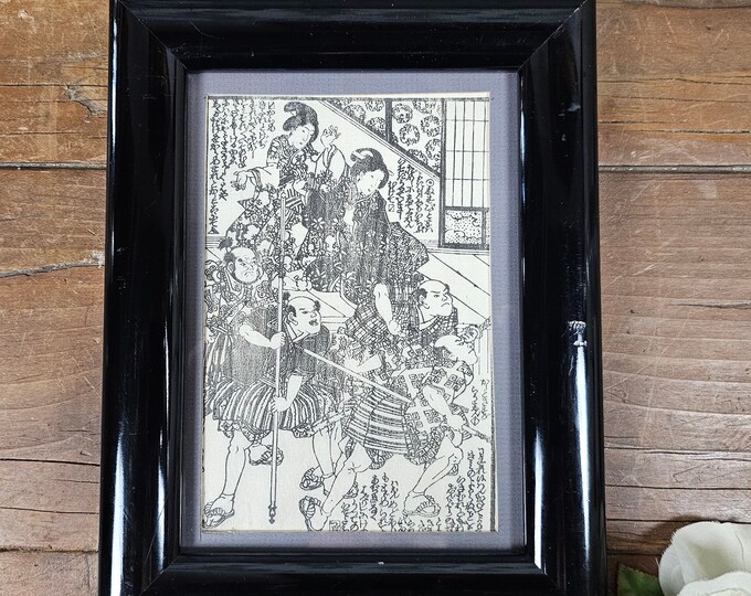 1800s Japanese Ehon Woodblock Art Print Page from Illustrated Book - Original on Washi Paper